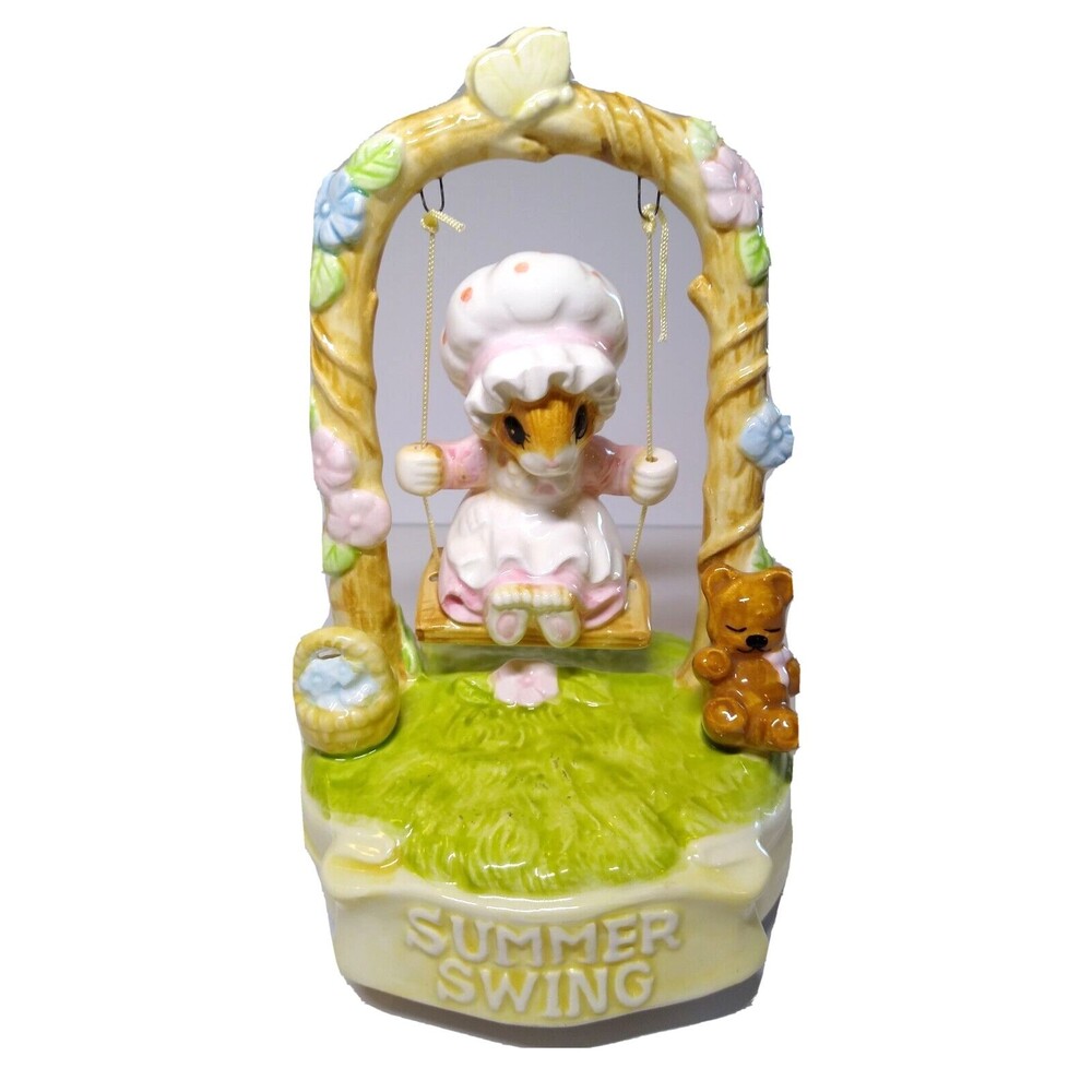 Summer Swing Priscilla Hillman Lil Mouse Porcelain Music Box Vintage 1984 Gorham